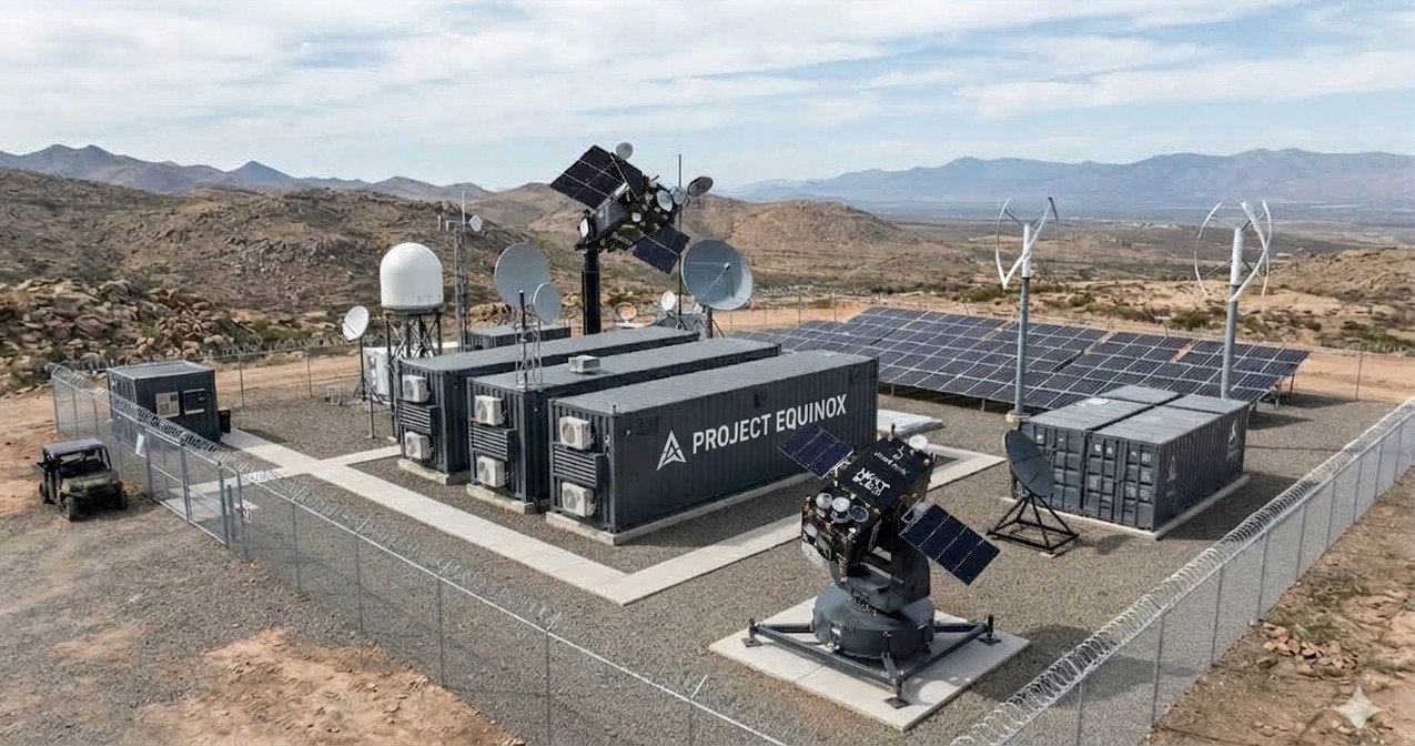 Fenced high-desert compound of Equinox autonomous off-grid data enclosures with solar arrays, wind turbines and satellite tracking dishes
